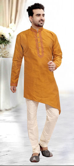 Beige and Brown color Kurta Pyjamas in Dupion Silk fabric with Embroidered, Thread work