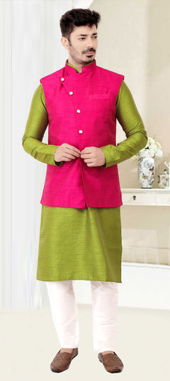 Green color Kurta Pyjama with Jacket in Dupion Silk fabric with Thread work