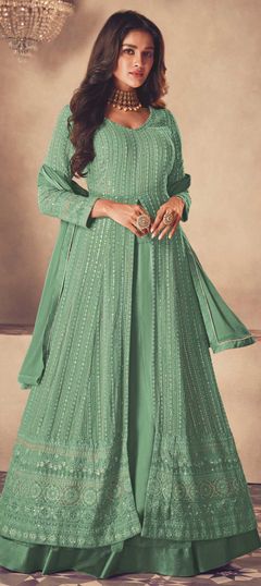 Bollywood Green color Long Lehenga Choli in Georgette fabric with Embroidered, Resham, Sequence, Thread work : 1822764