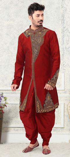 Red and Maroon color IndoWestern Dress in Art Silk fabric with Bugle Beads, Sequence, Zardozi work