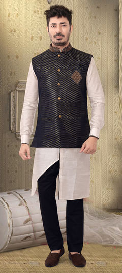 White and Off White color Kurta Pyjama with Jacket in Brocade fabric with Bugle Beads, Cut Dana, Weaving, Zardozi work