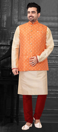 Beige and Brown color Kurta Pyjama with Jacket in Brocade fabric with Weaving work