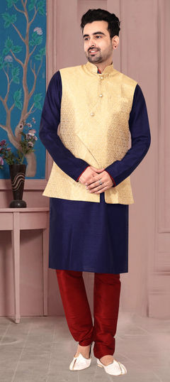 Blue color Kurta Pyjama with Jacket in Brocade fabric with Weaving work