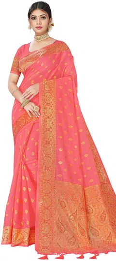 Pink and Majenta color Saree in Cotton fabric with Stone, Weaving work