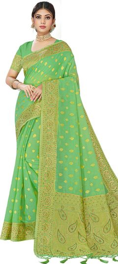 Green color Saree in Cotton fabric with Stone, Weaving work