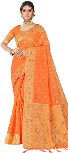 Orange color Saree in Cotton fabric with Stone, Weaving work