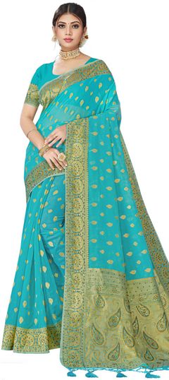 Blue color Saree in Cotton fabric with Stone, Weaving work