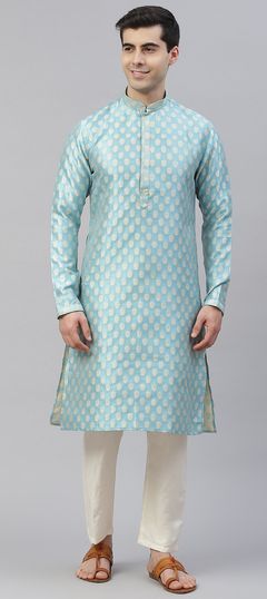 Blue color Kurta Pyjamas in Banarasi Silk fabric with Thread, Weaving work