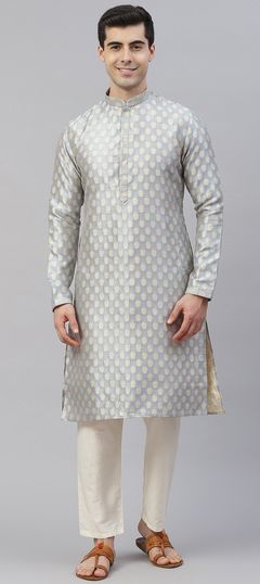 Black and Grey color Kurta Pyjamas in Banarasi Silk fabric with Thread, Weaving work