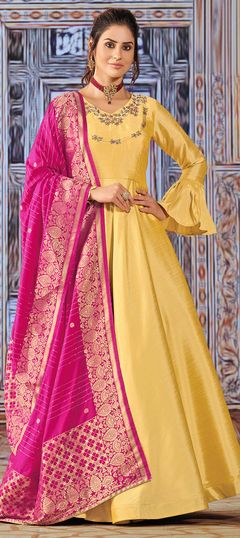 Yellow color Salwar Kameez in Art Silk fabric with Bugle Beads, Cut Dana, Embroidered, Thread work