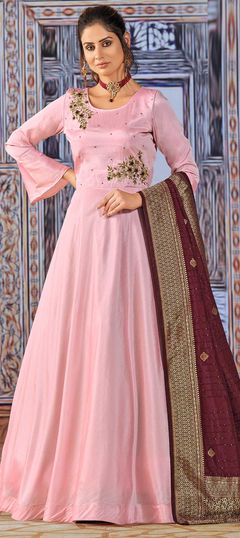 Pink and Majenta color Salwar Kameez in Art Silk fabric with Bugle Beads, Cut Dana, Embroidered, Thread work