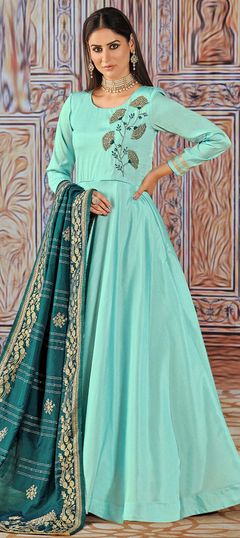 Blue color Salwar Kameez in Art Silk fabric with Bugle Beads, Cut Dana, Embroidered, Thread work