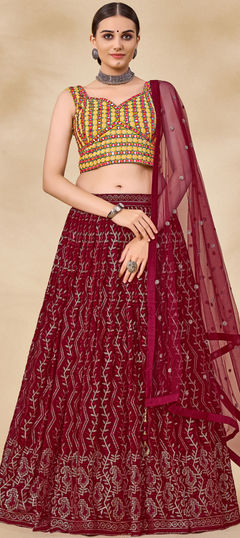 Red and Maroon color Ready to Wear Lehenga in Georgette fabric with Mirror, Sequence, Thread work