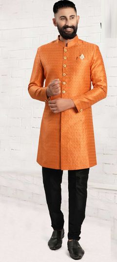 Orange color IndoWestern Dress in Jacquard fabric with Weaving work