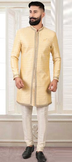 Beige and Brown color IndoWestern Dress in Jacquard fabric with Weaving work