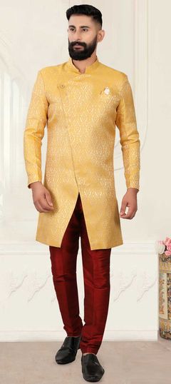 Beige and Brown color IndoWestern Dress in Jacquard fabric with Weaving work