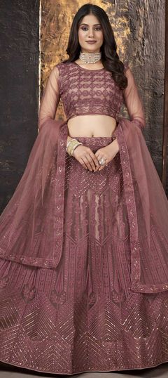 Beige and Brown color Lehenga in Net fabric with Embroidered, Resham, Sequence, Thread work