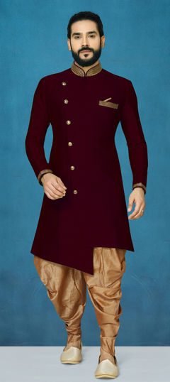 Red and Maroon color IndoWestern Dress in Art Silk fabric with Thread work