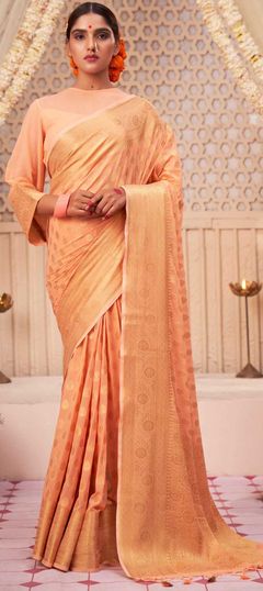 Orange color Saree in Georgette fabric with Weaving work