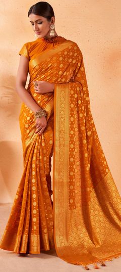 Yellow color Saree in Georgette fabric with Weaving work