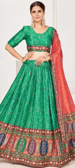 Green color Lehenga in Satin Silk fabric with Digital Print, Lace work