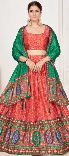 Red and Maroon color Lehenga in Satin Silk fabric with Digital Print, Lace work