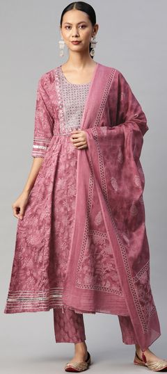 Festive, Party Wear Pink and Majenta color Salwar Kameez in Cotton fabric with Anarkali Embroidered, Floral, Gota Patti, Printed, Thread, Zari work : 1823746