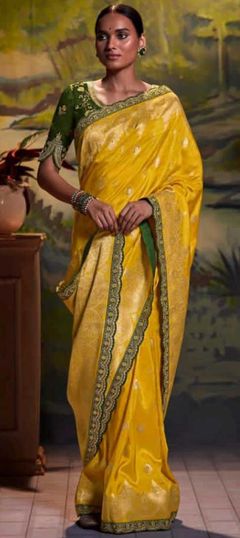 Yellow color Saree in Art Silk, Silk fabric with Lace, Weaving work