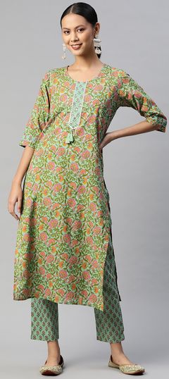 Casual, Party Wear Green color Salwar Kameez in Cotton fabric with Straight Floral, Gota Patti, Printed work : 1823758