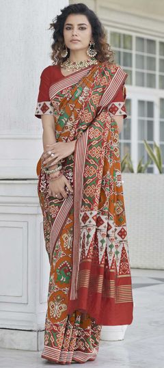 Orange color Saree in Patola Silk, Silk fabric with Weaving work