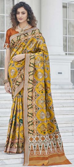 Yellow color Saree in Patola Silk, Silk fabric with Weaving work