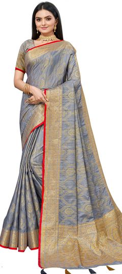 Traditional Black and Grey color Saree in Art Silk, Silk fabric with South Weaving work : 1823908