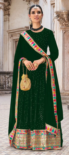 Party Wear Green color Salwar Kameez in Georgette fabric with Anarkali Embroidered, Sequence, Thread work : 1823960