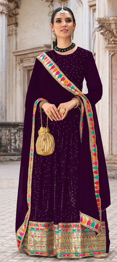 Party Wear Purple and Violet color Salwar Kameez in Georgette fabric with Anarkali Embroidered, Sequence, Thread work : 1823961