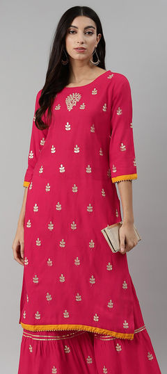 Pink and Majenta color Kurti in Rayon fabric with Gota Patti work