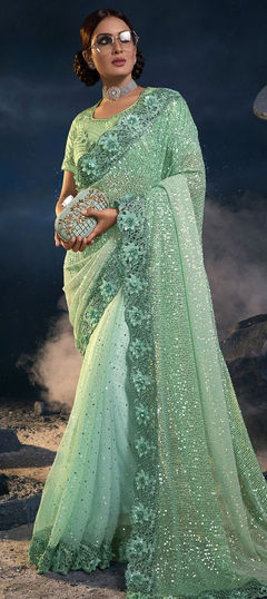 Blue color Saree in Lycra fabric with Appliques, Mirror, Sequence, Stone, Zari work