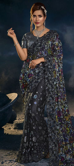 Black and Grey color Saree in Lycra fabric with Appliques, Moti, Sequence, Thread, Zari work