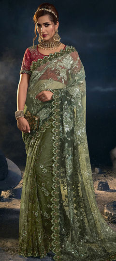 Green color Saree in Lycra fabric with Cut Dana, Moti, Sequence, Thread work