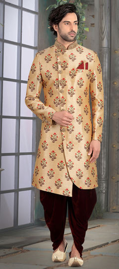 Beige and Brown color IndoWestern Dress in Silk fabric with Bugle Beads, Printed, Stone, Zardozi work