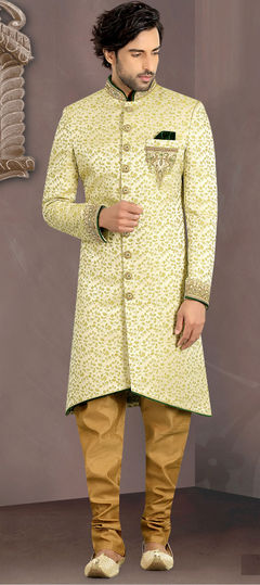 Green color Sherwani in Jacquard fabric with Bugle Beads, Cut Dana, Weaving work