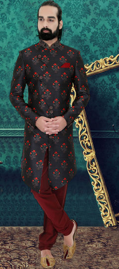 Black and Grey color IndoWestern Dress in Silk fabric with Printed, Stone, Thread work