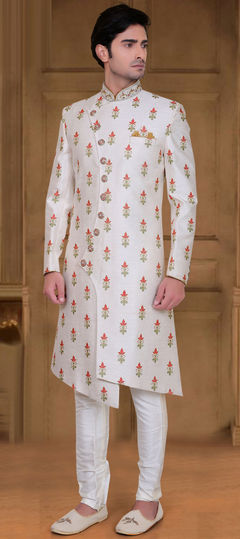 White and Off White color Sherwani in Silk fabric with Bugle Beads, Embroidered, Sequence, Thread work