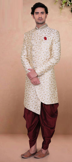 Beige and Brown color IndoWestern Dress in Silk fabric with Embroidered, Thread, Zari work