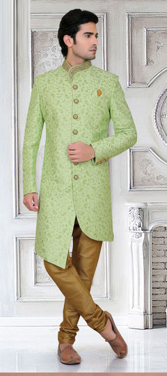 Green color IndoWestern Dress in Silk fabric with Bugle Beads, Embroidered, Thread work