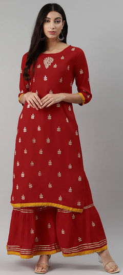 Red and Maroon color Tunic with Bottom in Rayon fabric with Gota Patti work