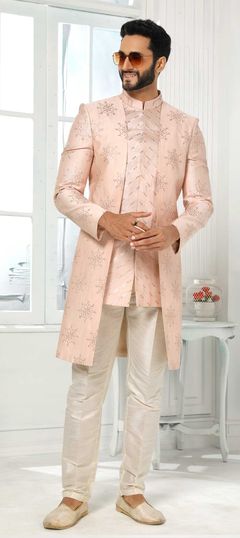 Pink and Majenta color IndoWestern Dress in Art Silk fabric with Embroidered, Thread work