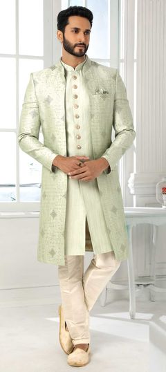 Green color IndoWestern Dress in Art Silk fabric with Embroidered, Thread work