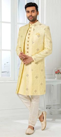 Yellow color IndoWestern Dress in Art Silk fabric with Embroidered, Thread work