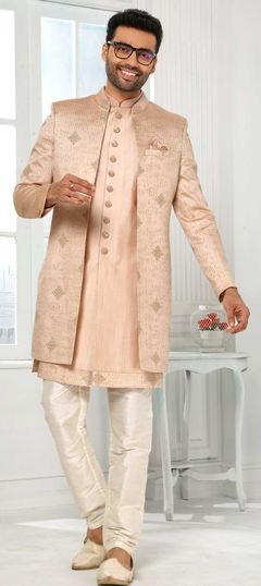 Pink and Majenta color IndoWestern Dress in Art Silk fabric with Embroidered, Thread work