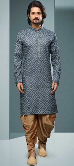 Black and Grey color Dhoti Kurta in Cotton fabric with Mirror, Printed, Thread work